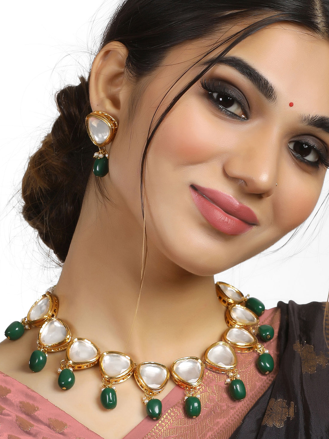 Traditional Gold Plated Green Beads Polki Kundan Necklace Set