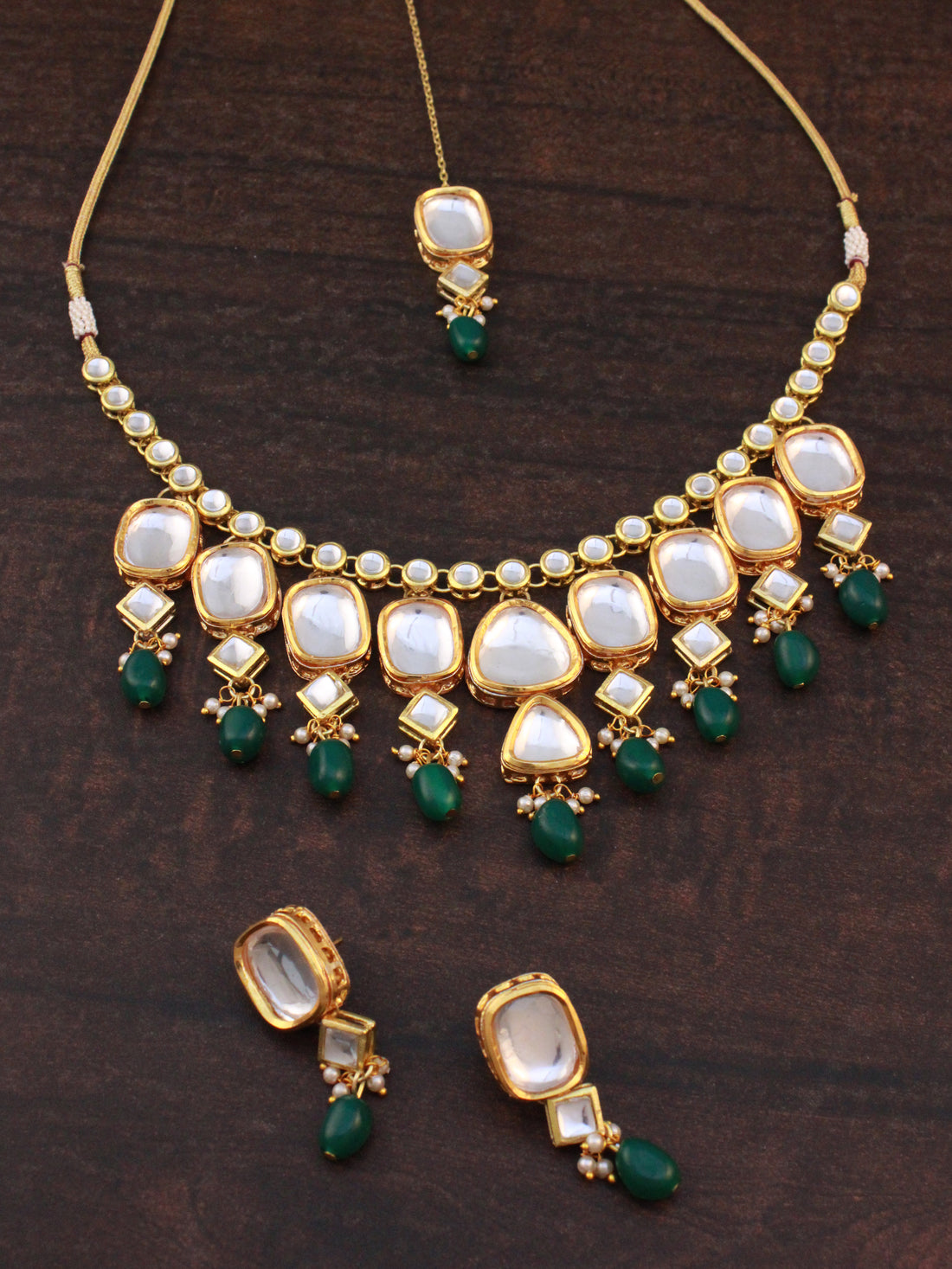 Traditional Gold Plated Green Beads Polki Kundan Choker Necklace Set