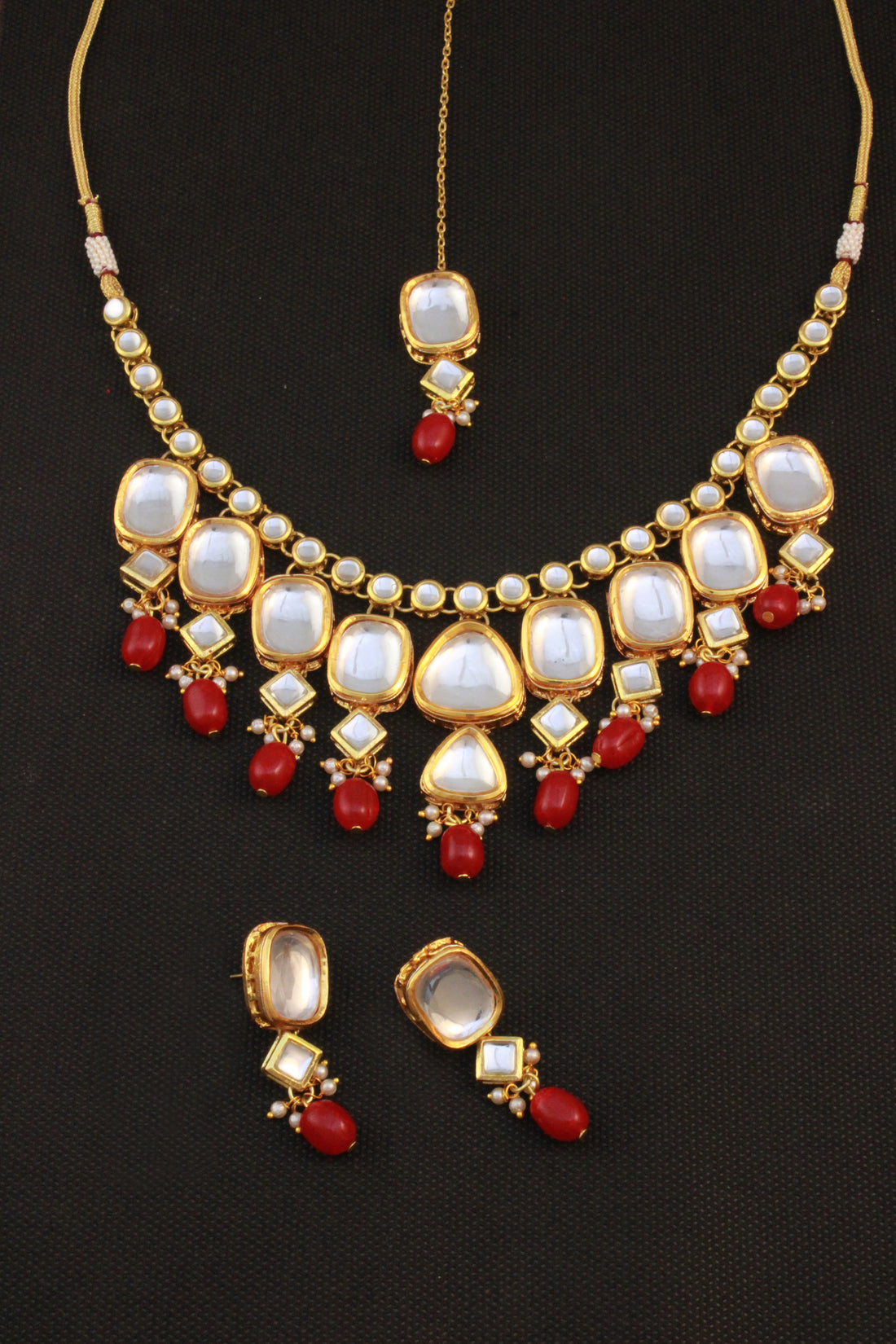 Traditional Gold Plated Red Beads Polki Kundan Choker Necklace Set