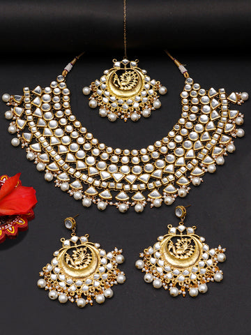 Gold Plated Pearl Beads Kundan Bridal Necklace Set