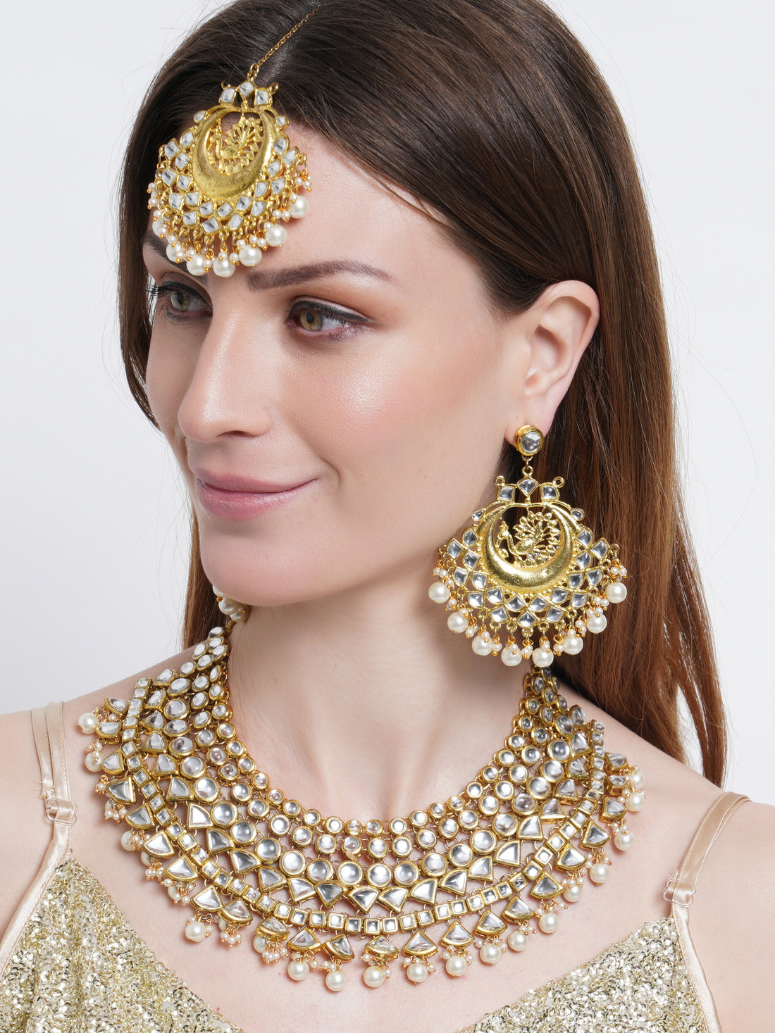 Gold Plated Pearl Beads Kundan Bridal Necklace Set