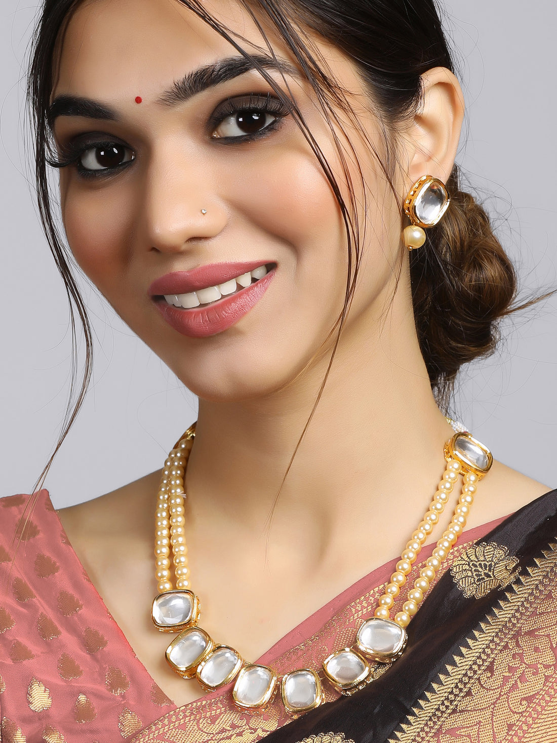 Golden Pearl Beads Polki Kundan Necklace Set