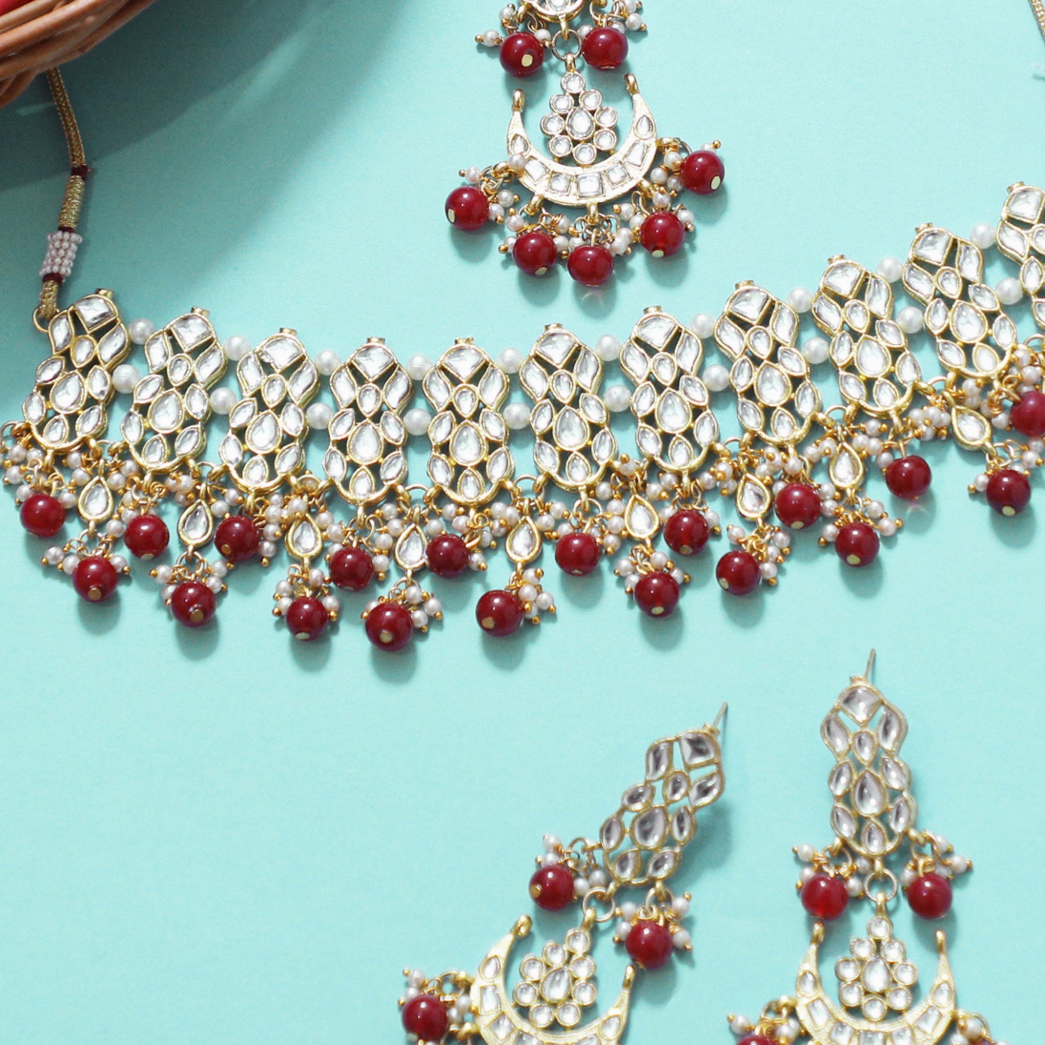 Red Beads Kundan Choker Necklace Set