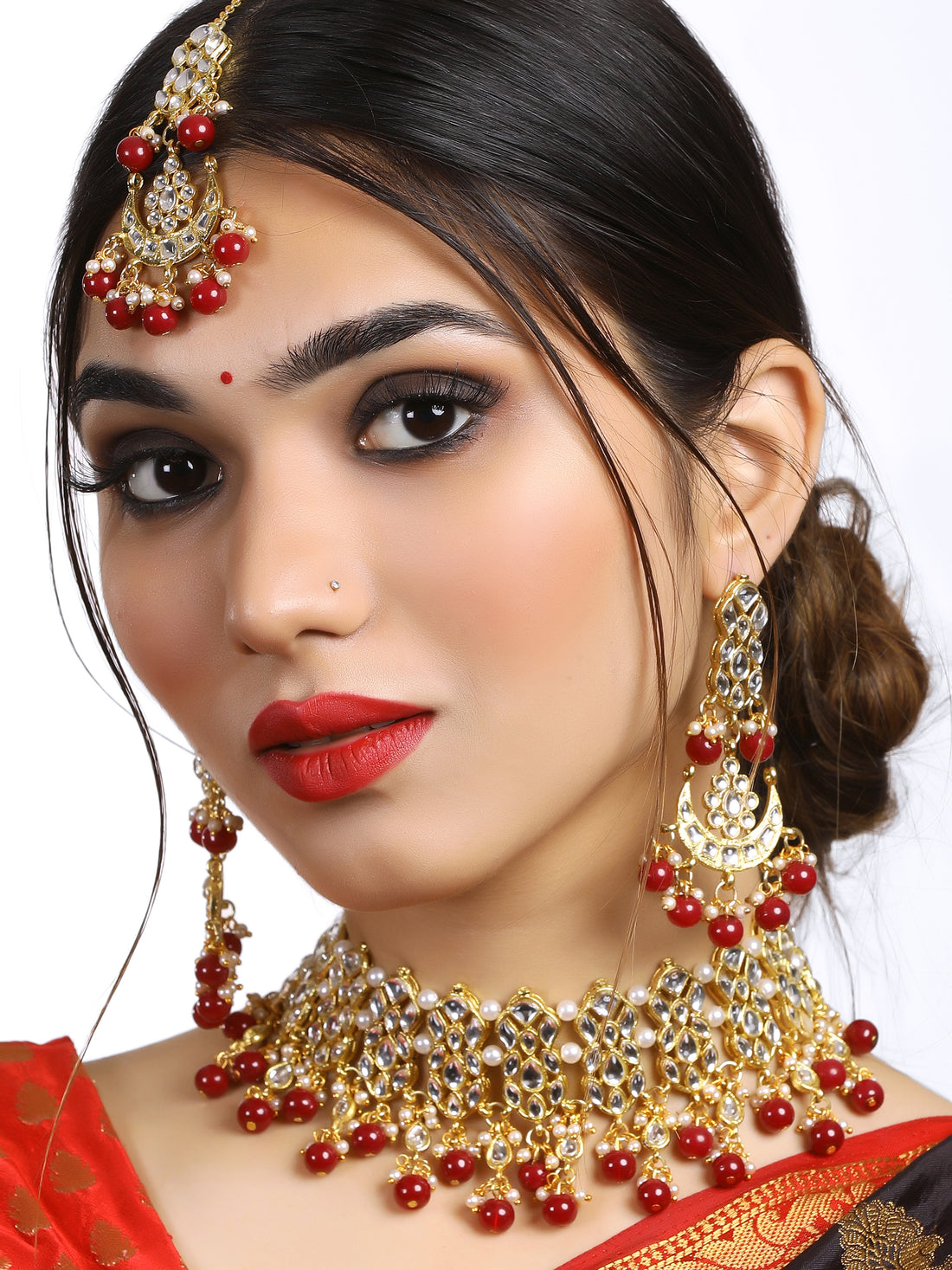 Red Beads Kundan Choker Necklace Set