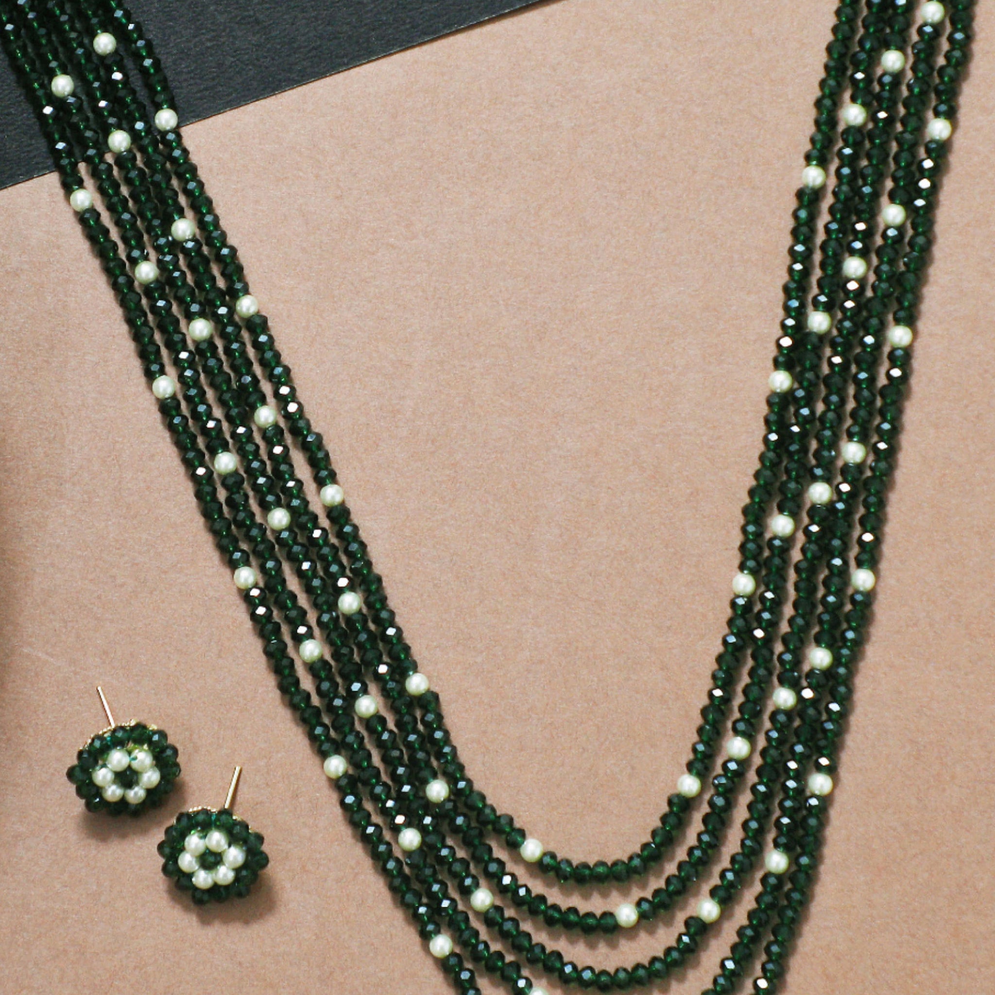 Green Crystal Beads Multi-Strand Rani Haar Necklace Set