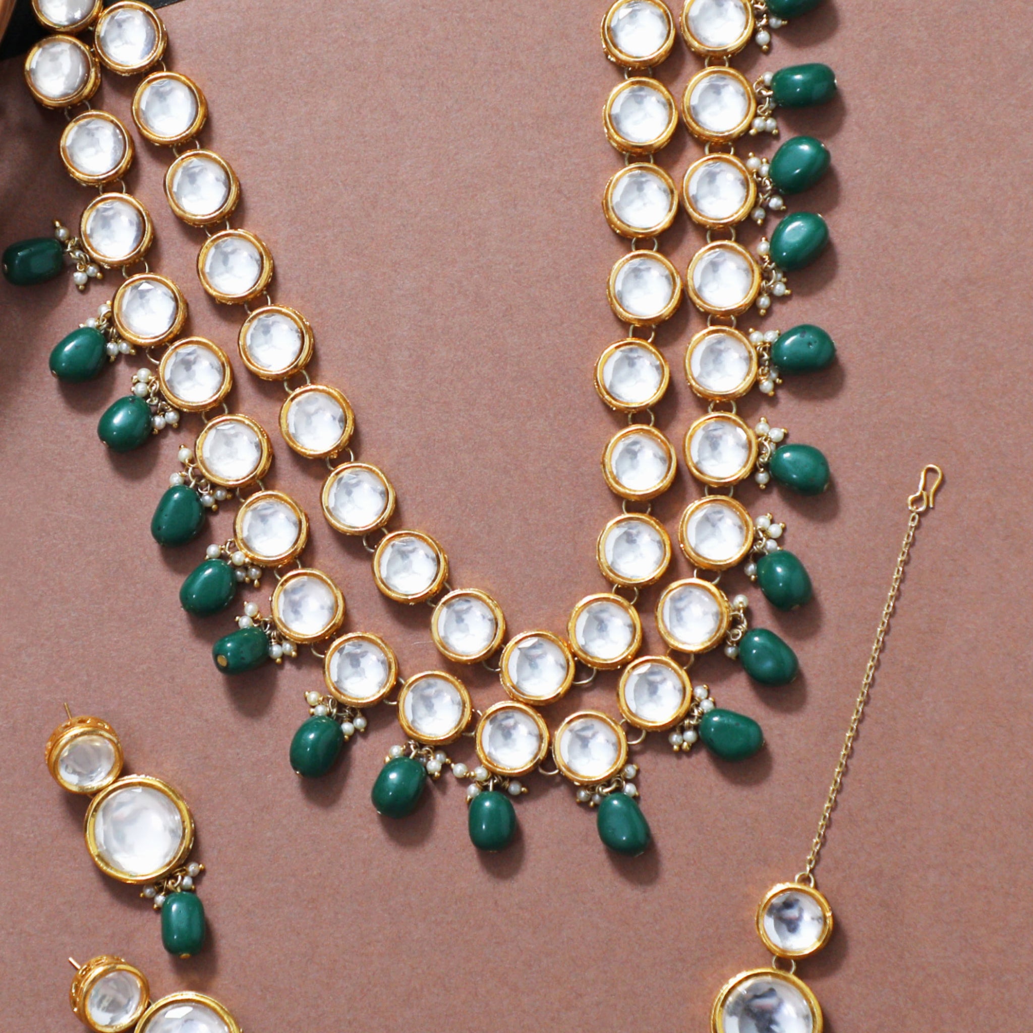 Gold Plated Green Beads Polki Kundan Rani Haar Set