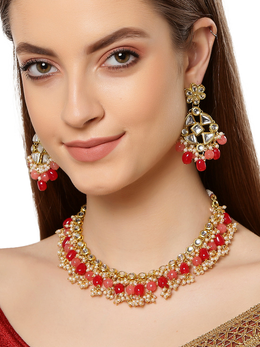 Traditional Gold Plated Kundan & Red Tumble Stone Studded Necklace Set