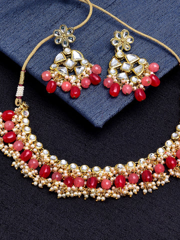 Traditional Gold Plated Kundan & Red Tumble Stone Studded Necklace Set