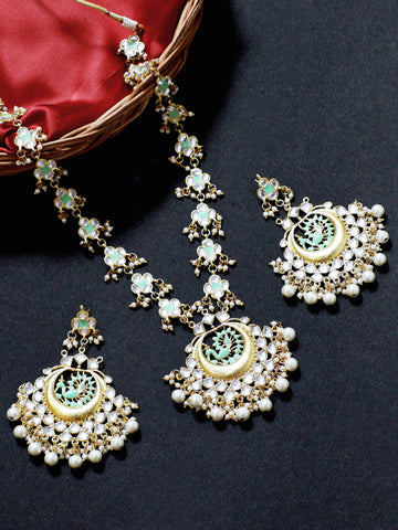 Peacock Shaped Pearl and Kundan Studded Gold-Plated Meenakari Rani Haar Necklace Set