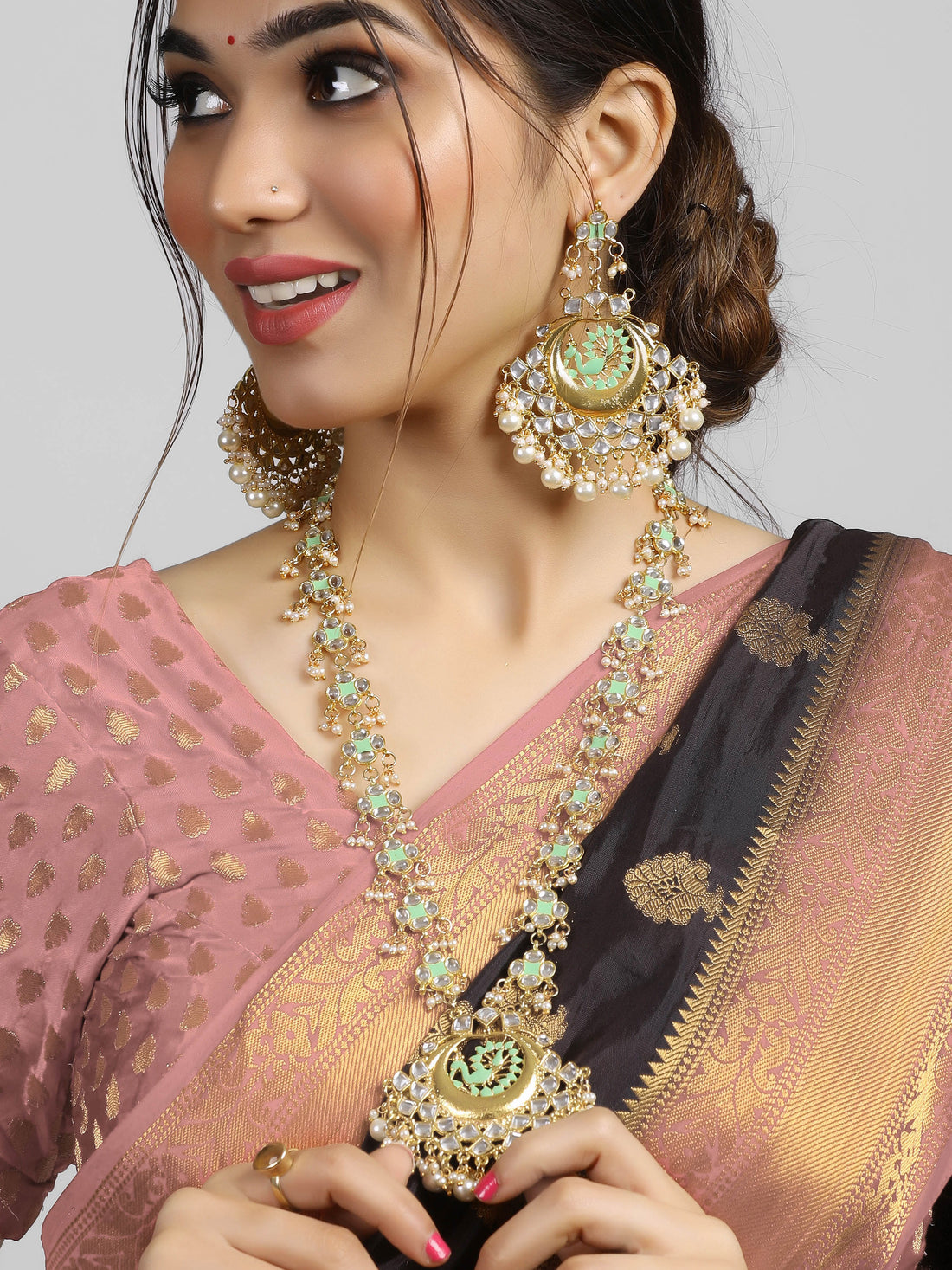 Peacock Shaped Pearl and Kundan Studded Gold-Plated Meenakari Rani Haar Necklace Set