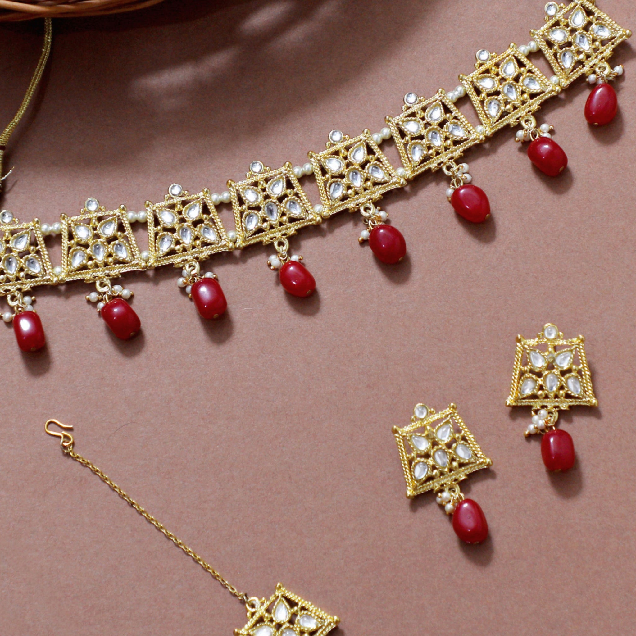 Red Stone Studded Gold-Plated Kundan Choker Necklace Set