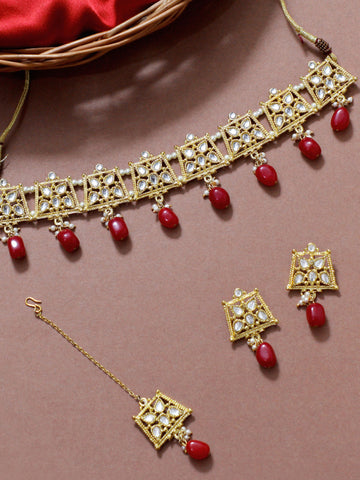 Red Stone Studded Gold-Plated Kundan Choker Necklace Set