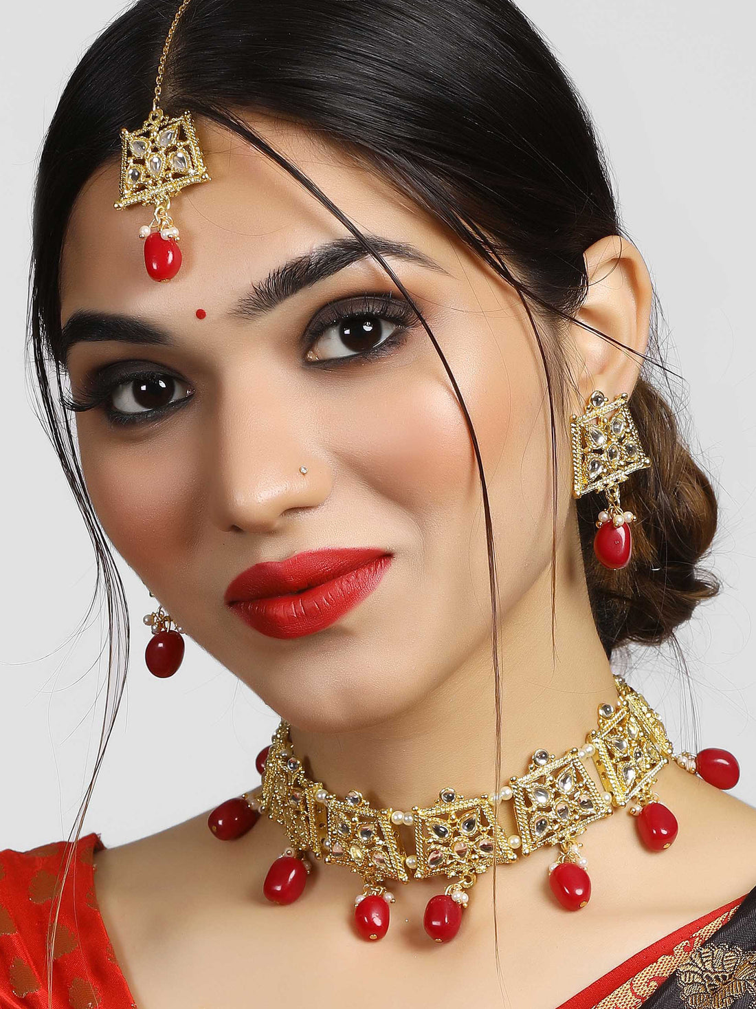 Red Stone Studded Gold-Plated Kundan Choker Necklace Set