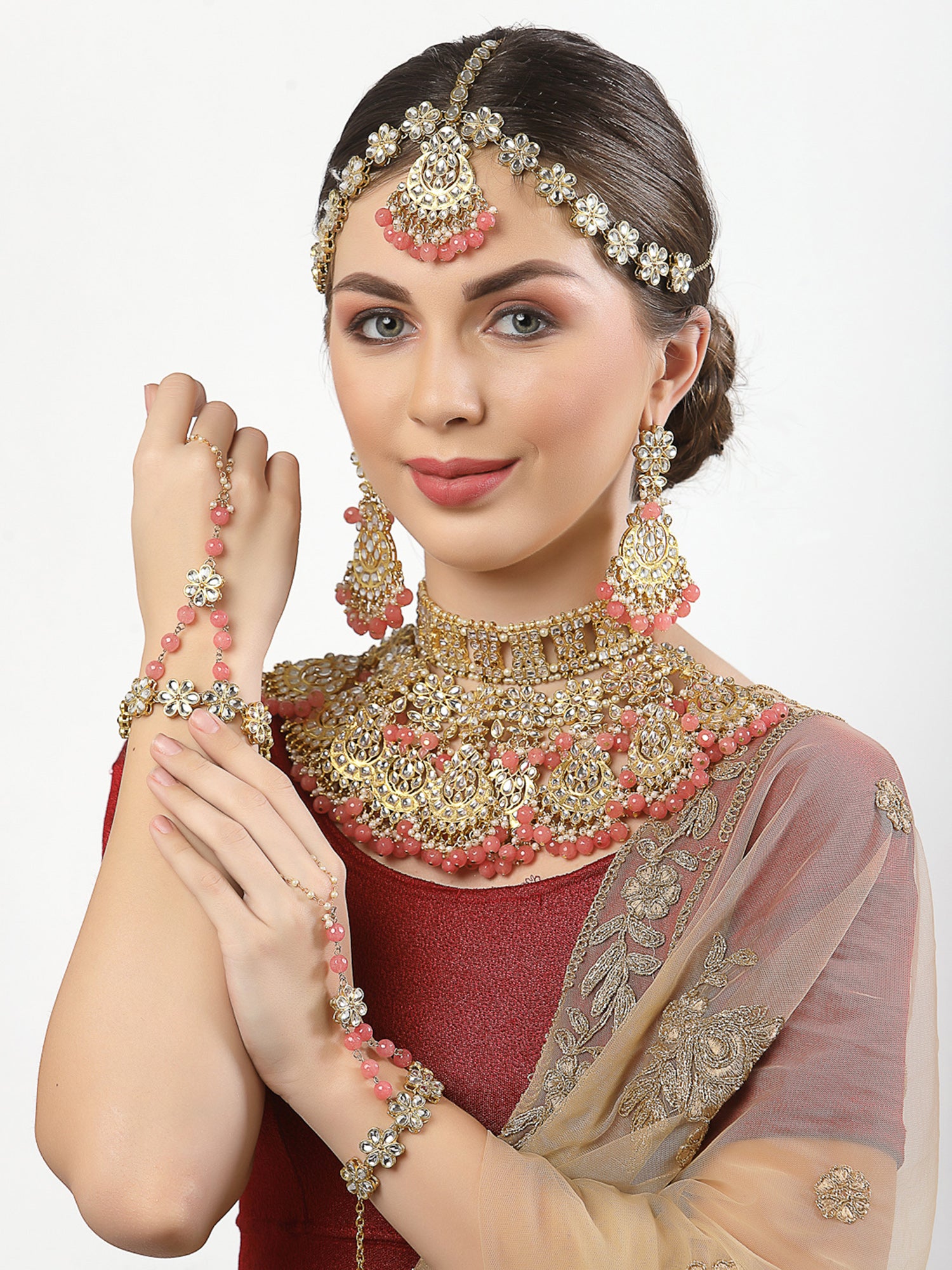 Gold-Plated Peach Beads Studded Handcrafted Kundan Bridal Jewellery Set