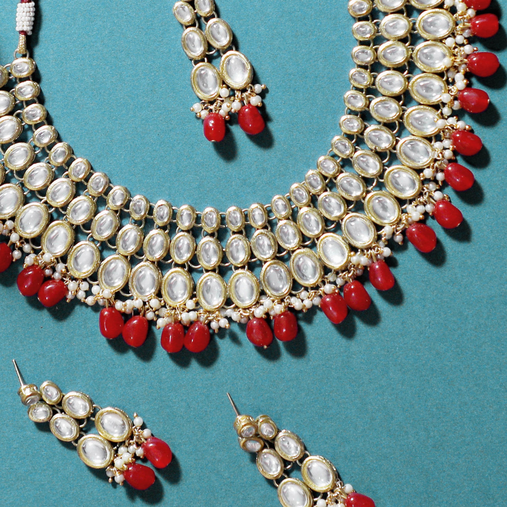 Gold-Tone Traditional Red Stone Studded Kundan Necklace Set