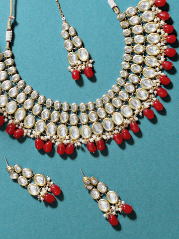 Gold-Tone Traditional Red Stone Studded Kundan Necklace Set