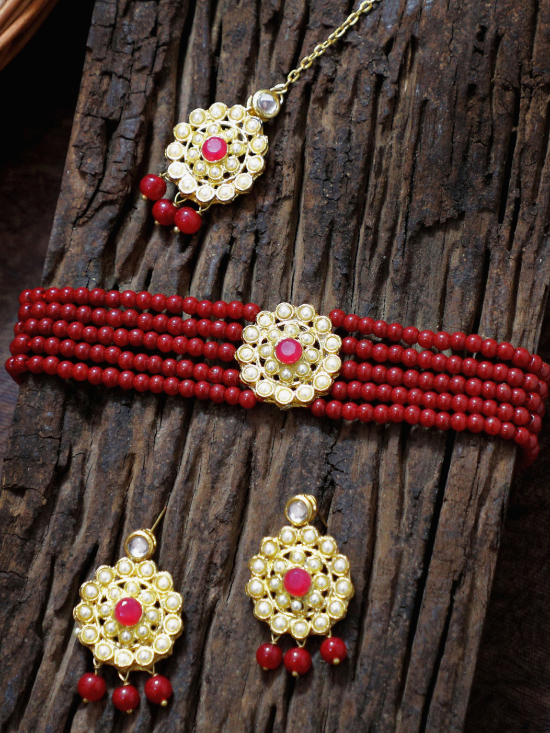 Gold-Plated Kundan and Red Beaded Choker Necklace Set