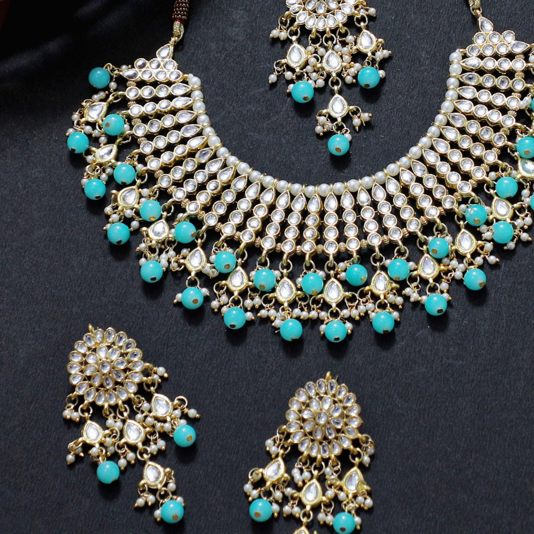 Gold Plated Light Blue Kundan Choker Necklace Set