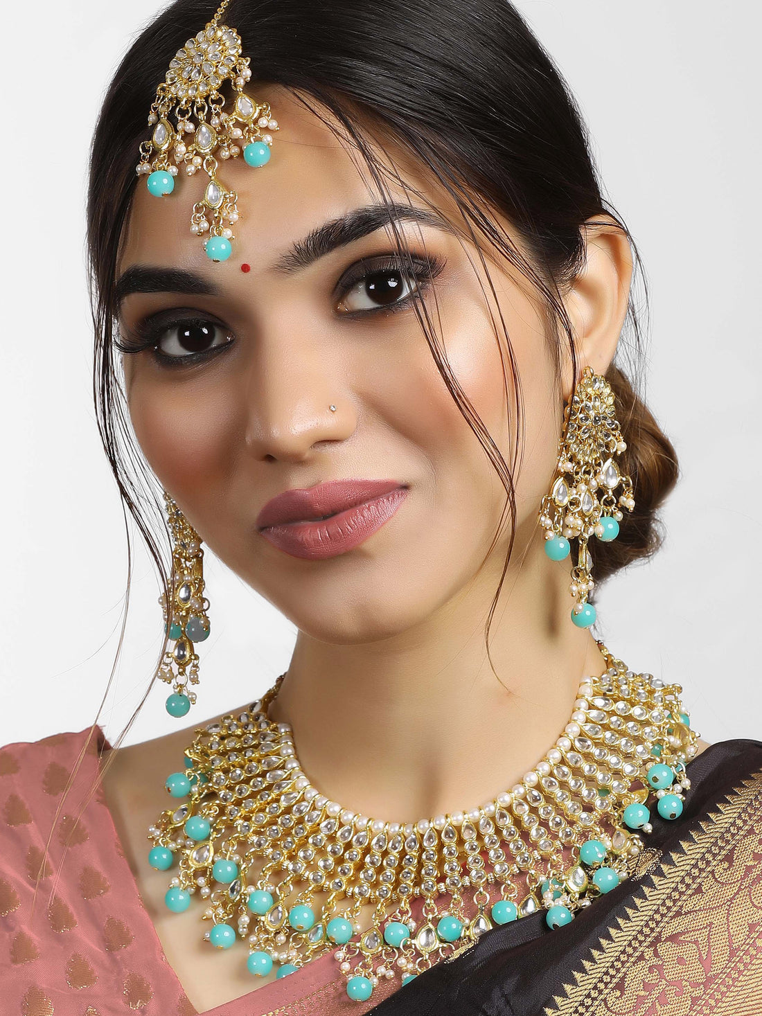 Gold Plated Light Blue Kundan Choker Necklace Set