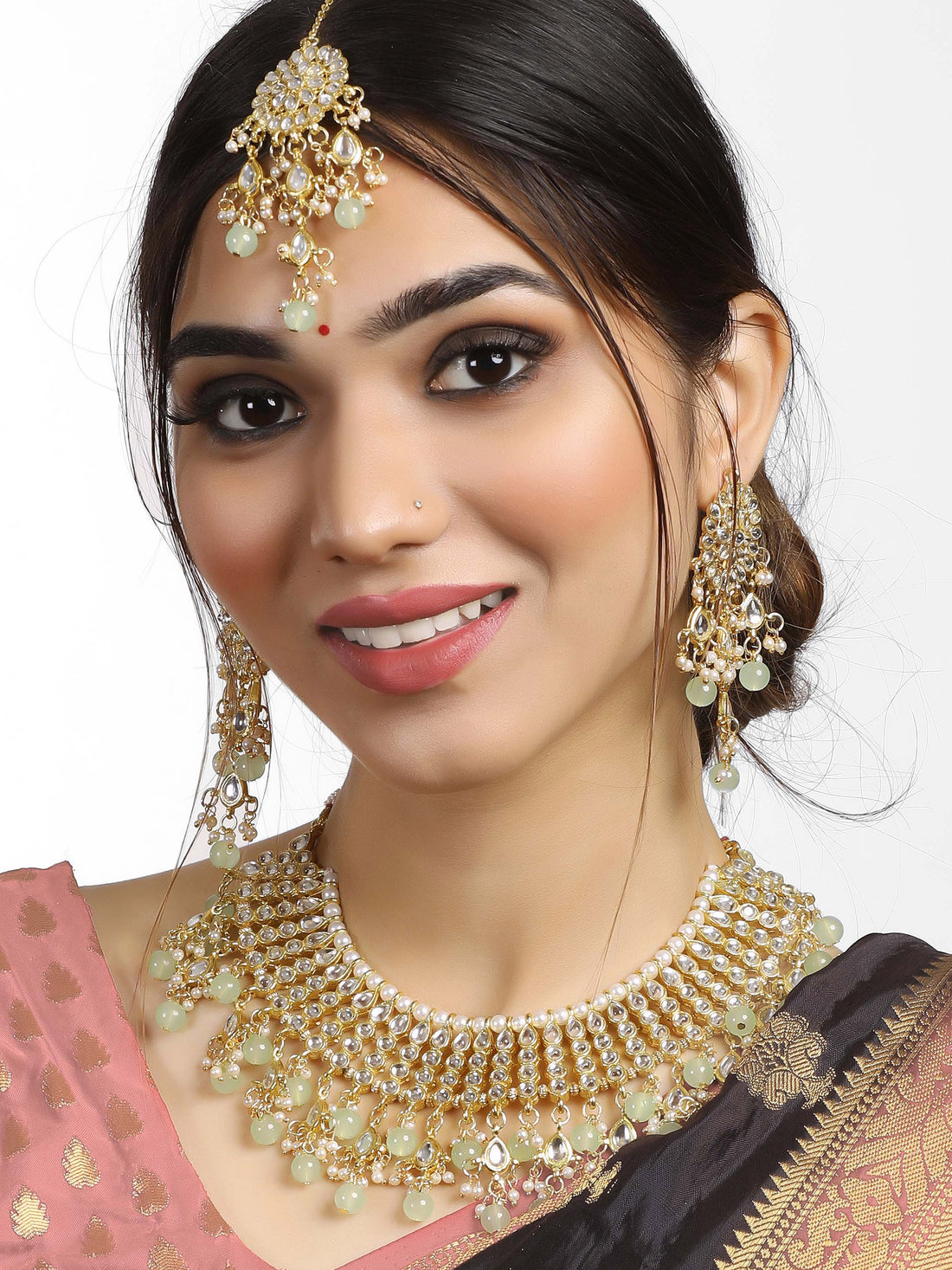 Gold Plated Light Green Kundan Choker Necklace Set