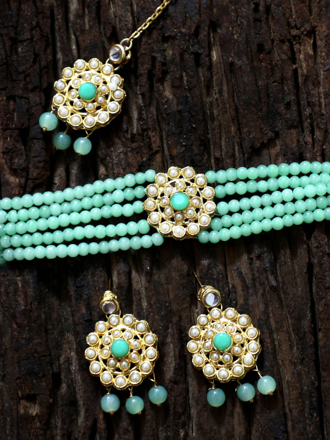 Gold-Plated Kundan and Mint Green Beaded Choker Necklace Set