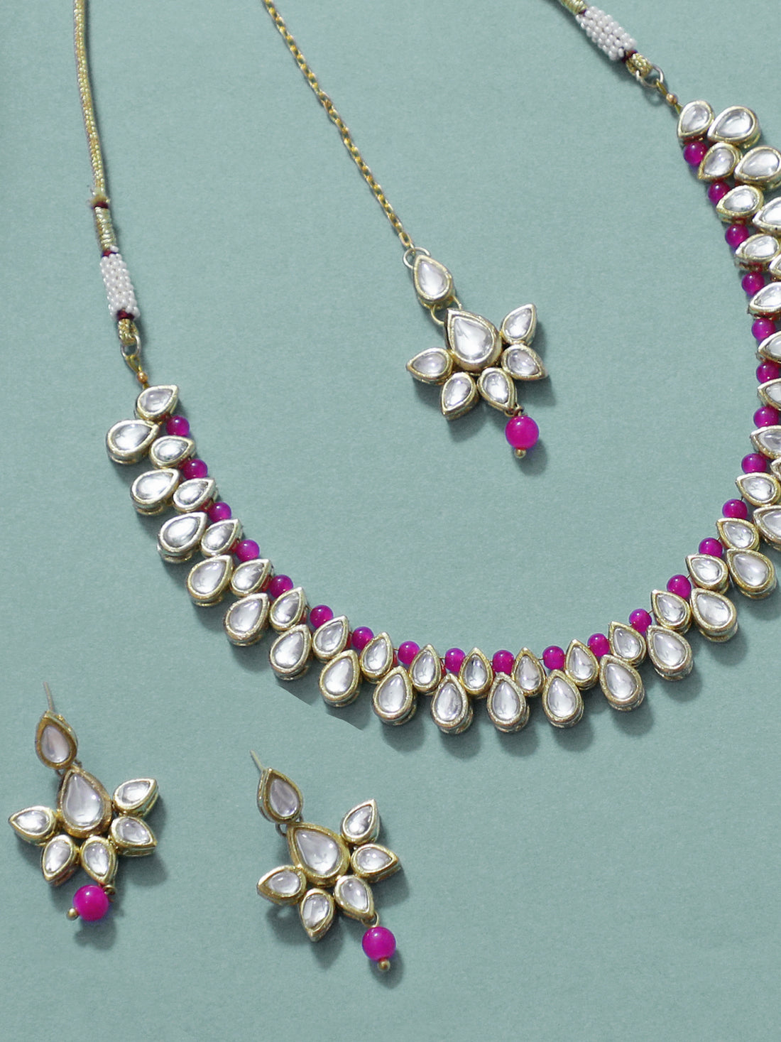 Pink Beads Studded Kundan Necklace Set