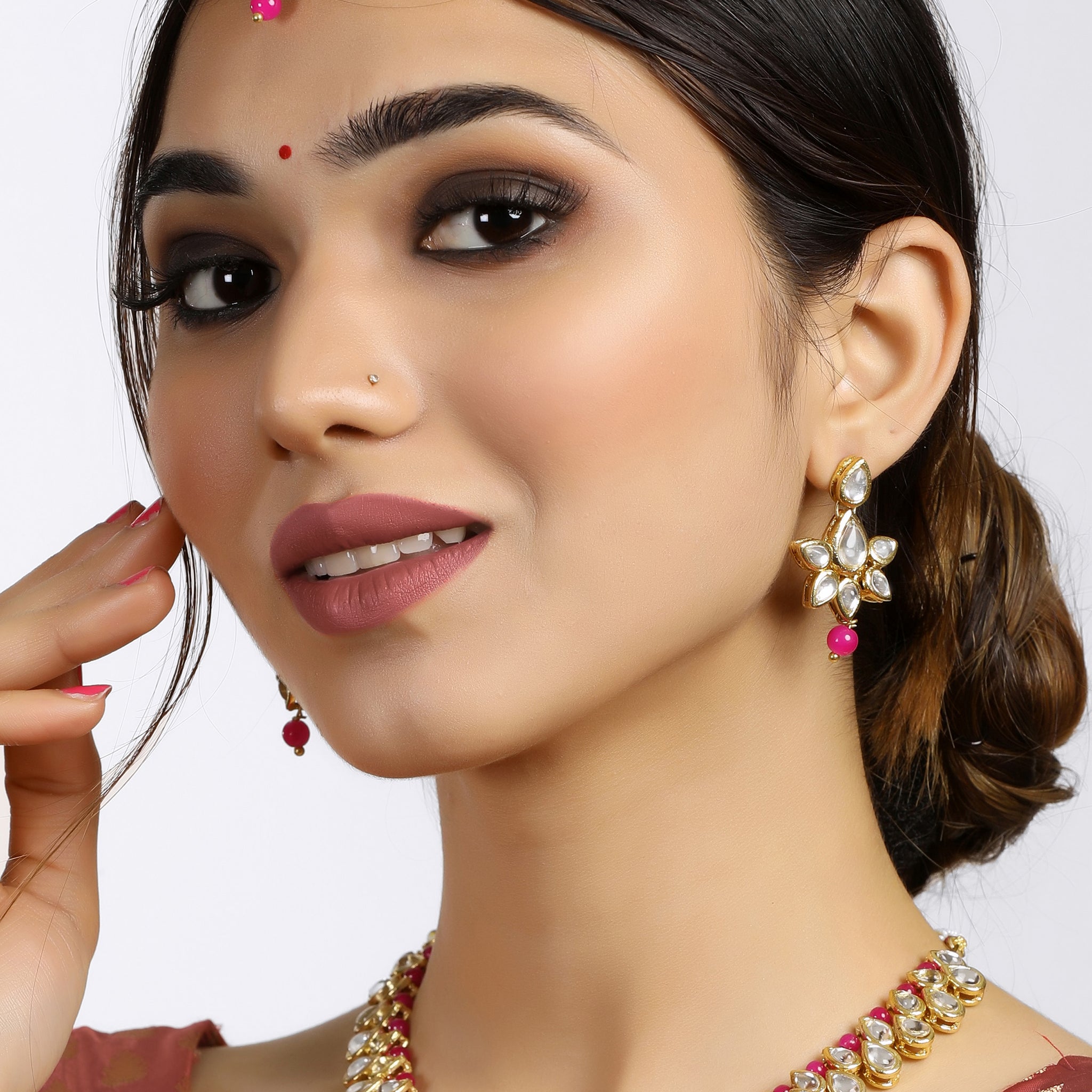 Pink Beads Studded Kundan Necklace Set