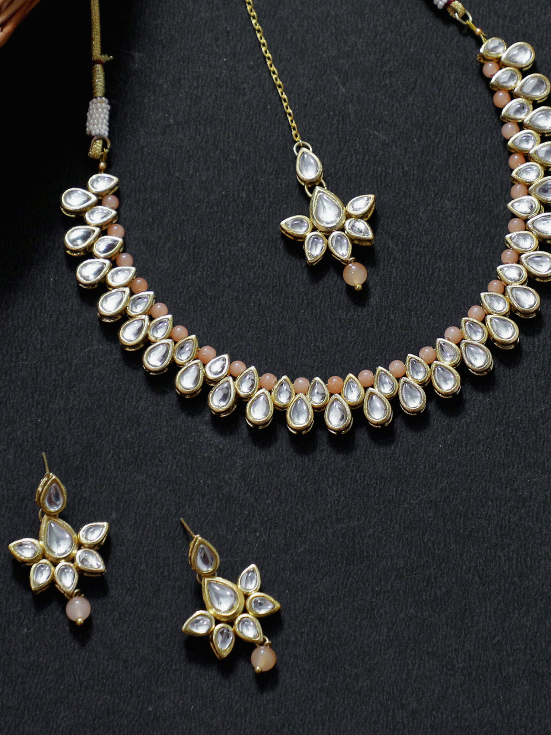 Peach Beads Studded Kundan Necklace Set