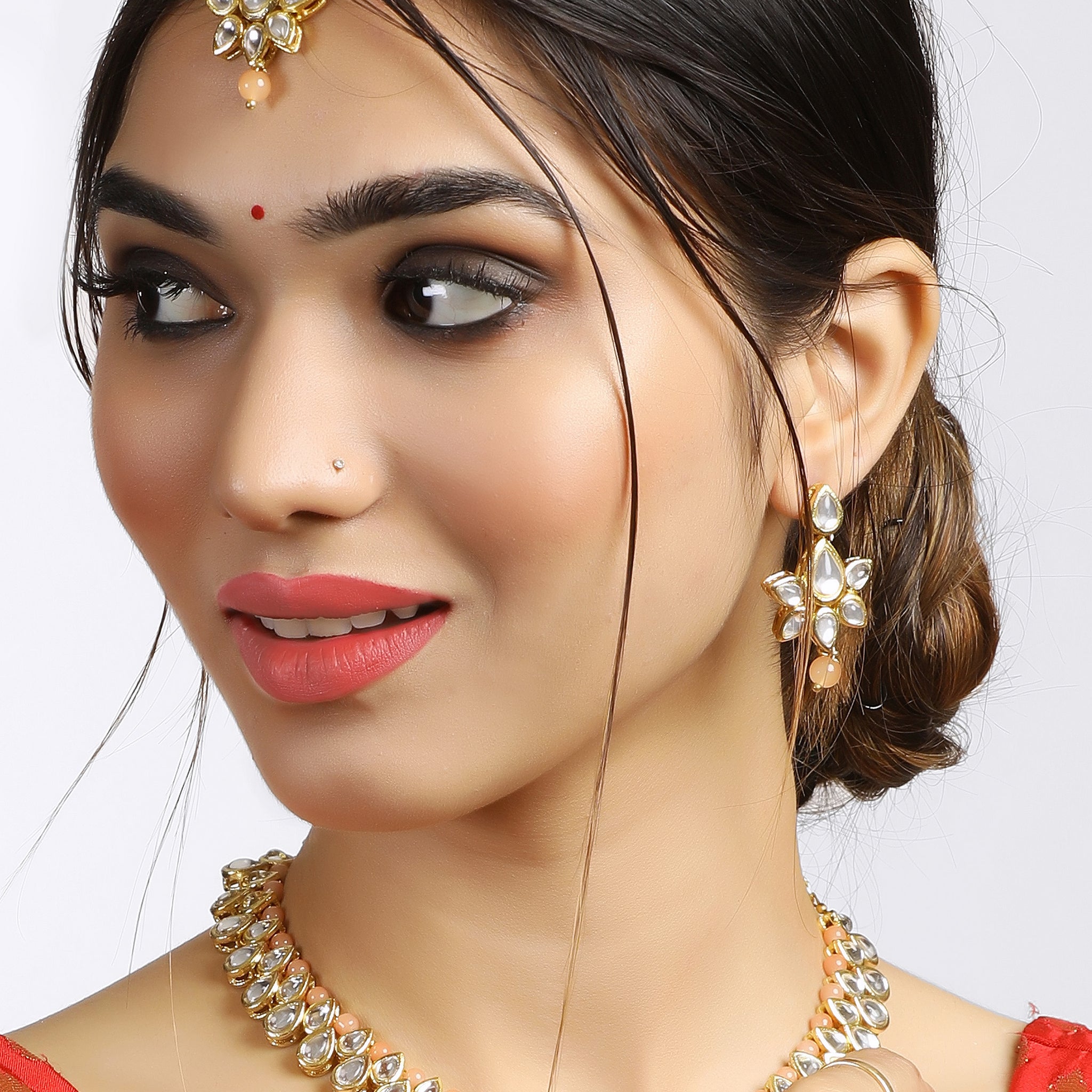 Peach Beads Studded Kundan Necklace Set