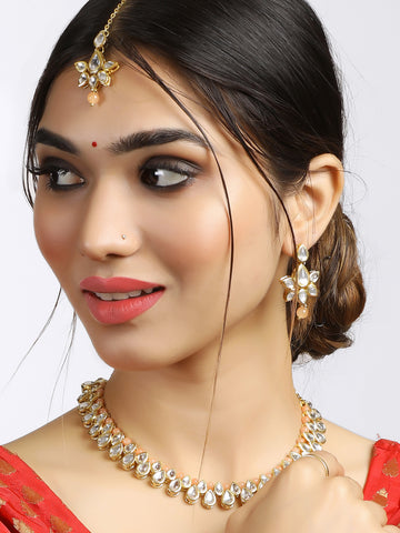 Peach Beads Studded Kundan Necklace Set