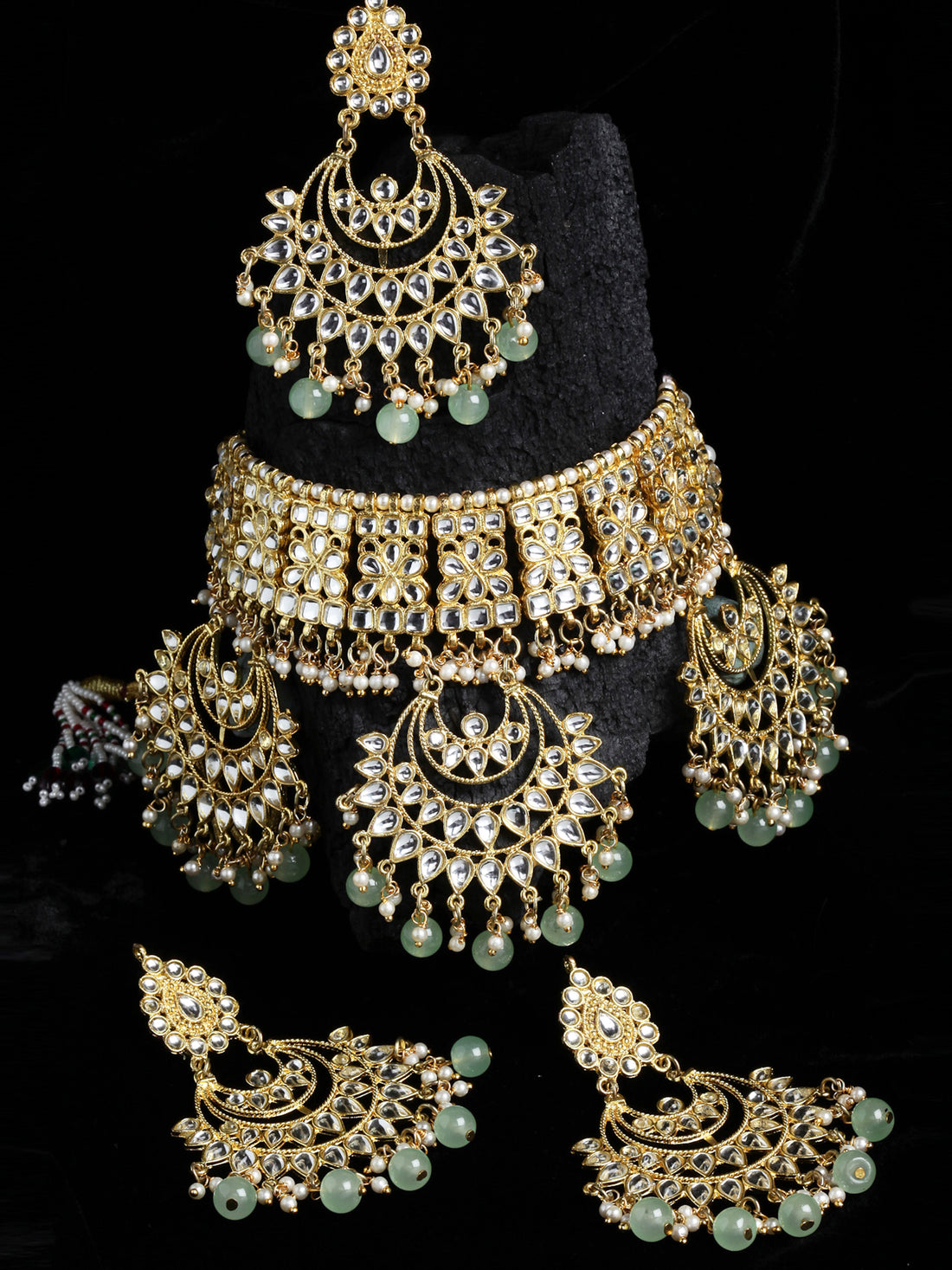 Light Green Beads Gold-Toned Kundan Studded Bridal Choker Necklace Set