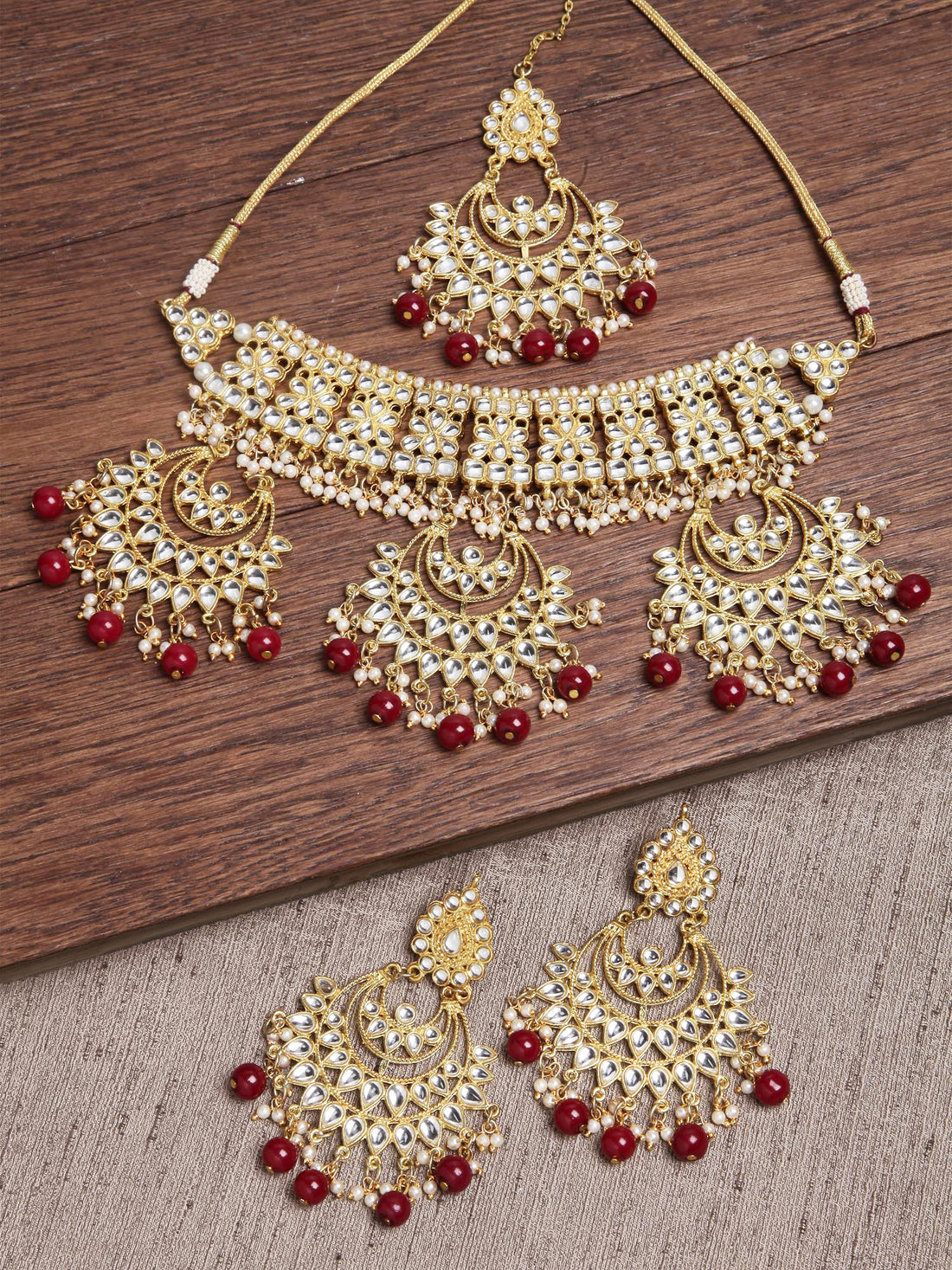 Red Beads Gold-Toned Kundan Studded Bridal Choker Necklace Set