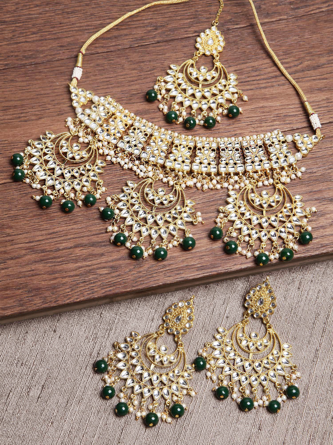 Green Beads Gold-Toned Kundan Studded Bridal Choker Necklace Set