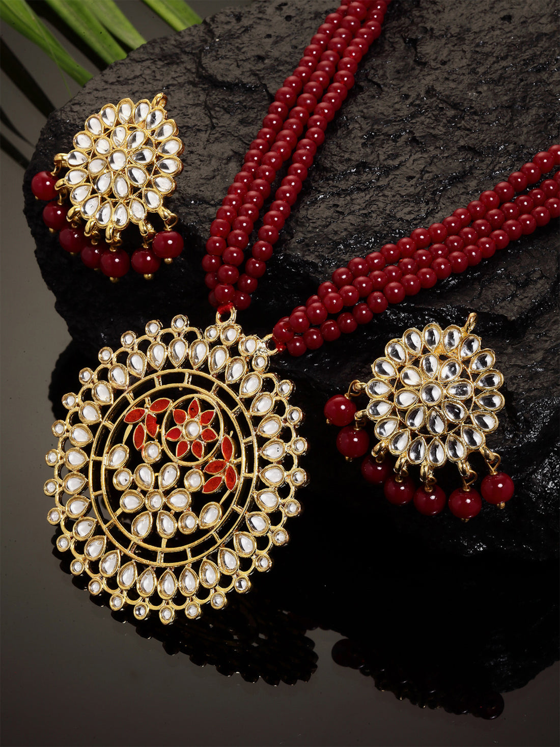 Gold Plated Antique Red Kundan Rani Haar Beaded Pendant Set