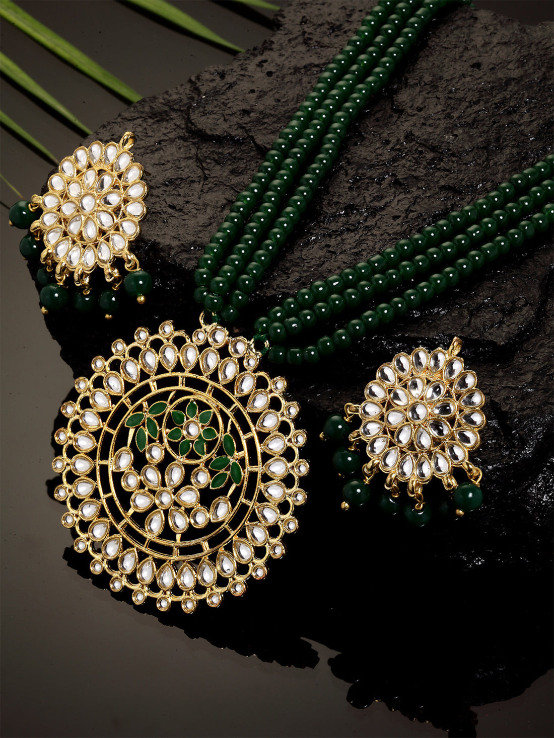 Gold Plated Antique Green Kundan Rani Haar Beaded Pendant Set