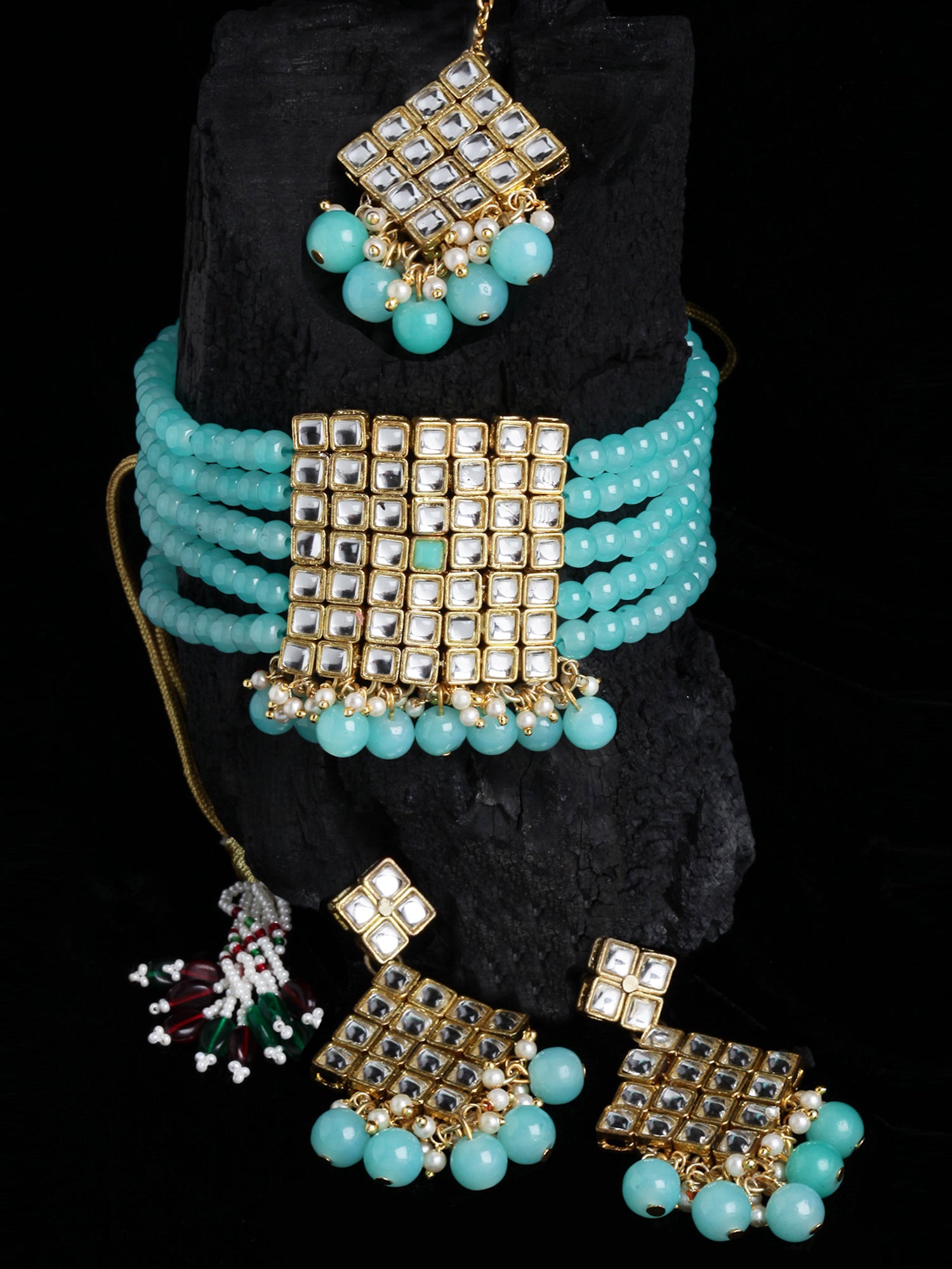 Gold top Finish Blue Beads Choker Set with Kundan Centerpiece, Pearls, and Mona Lisa Beads