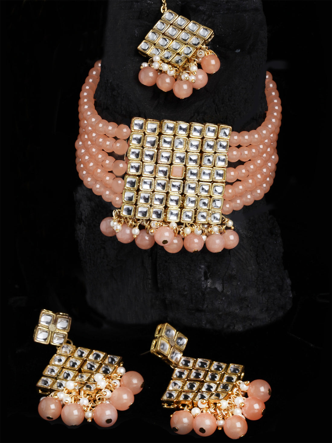 Gold-Plated Embellished Kundan and Peach Beads Handcrafted Choker Necklace Set