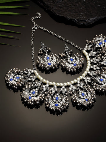 Oxidised Silver Blue Kundan Studded Necklace Set