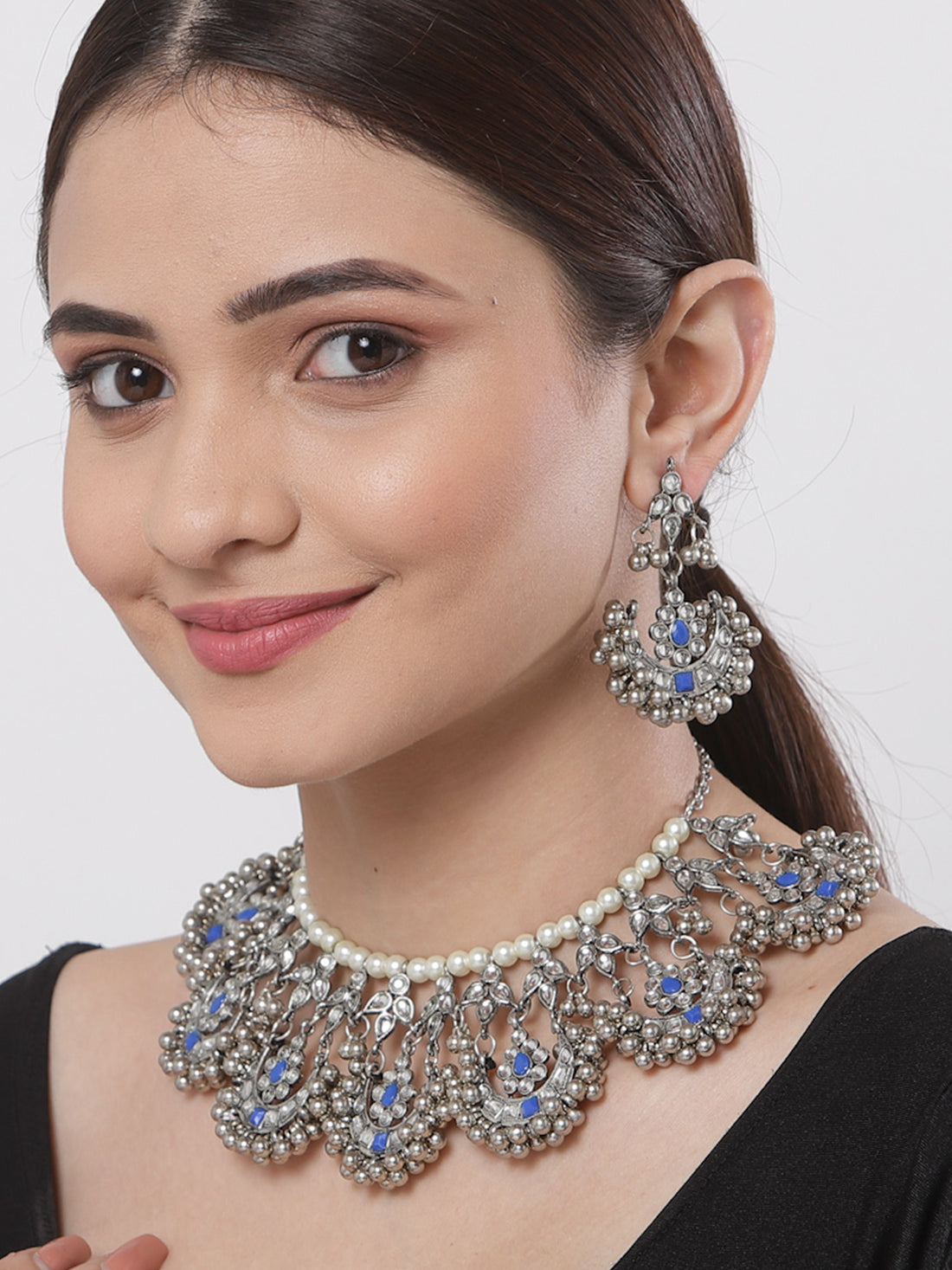 Oxidised Silver Blue Kundan Studded Necklace Set