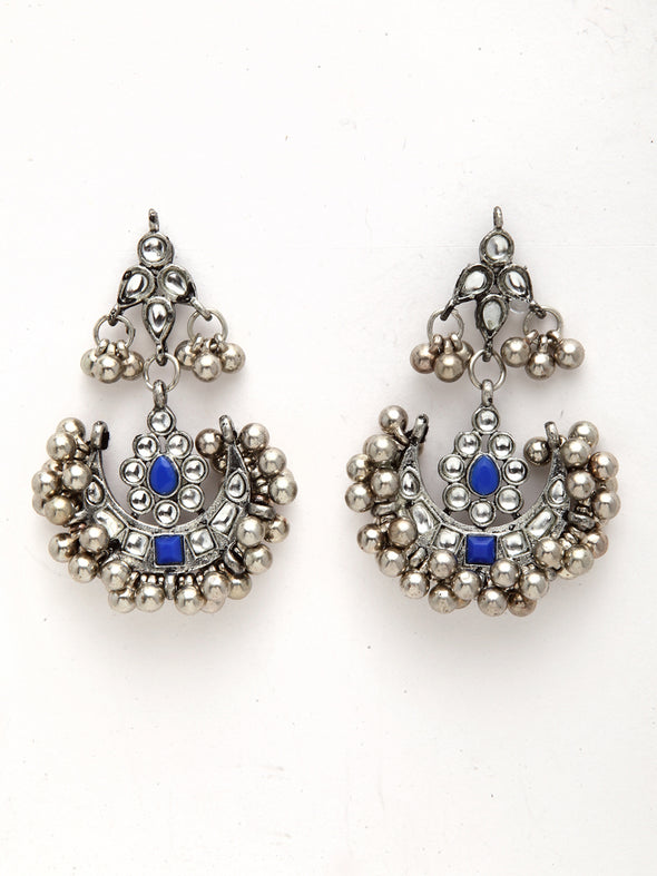 Oxidised Silver Blue Kundan Studded Necklace Set