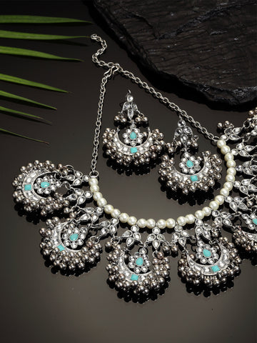 Oxidised Silver Light Blue Kundan Studded Necklace Set