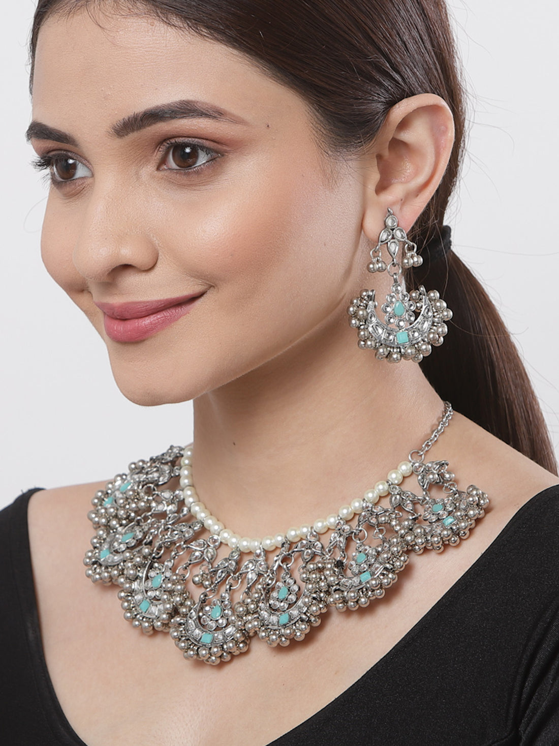 Oxidised Silver Light Blue Kundan Studded Necklace Set