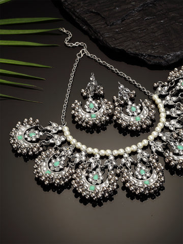 Oxidised Silver Light Green Kundan Studded Necklace Set