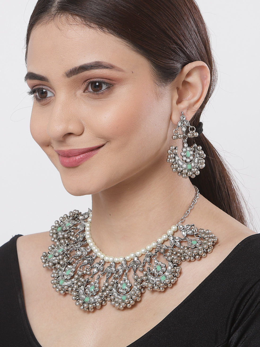 Oxidised Silver Light Green Kundan Studded Necklace Set