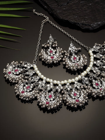 Oxidised Silver Red Kundan Studded Necklace Set