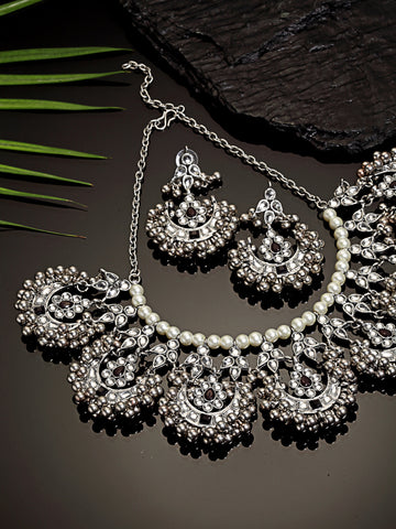 Oxidised Silver Black Kundan Studded Necklace Set