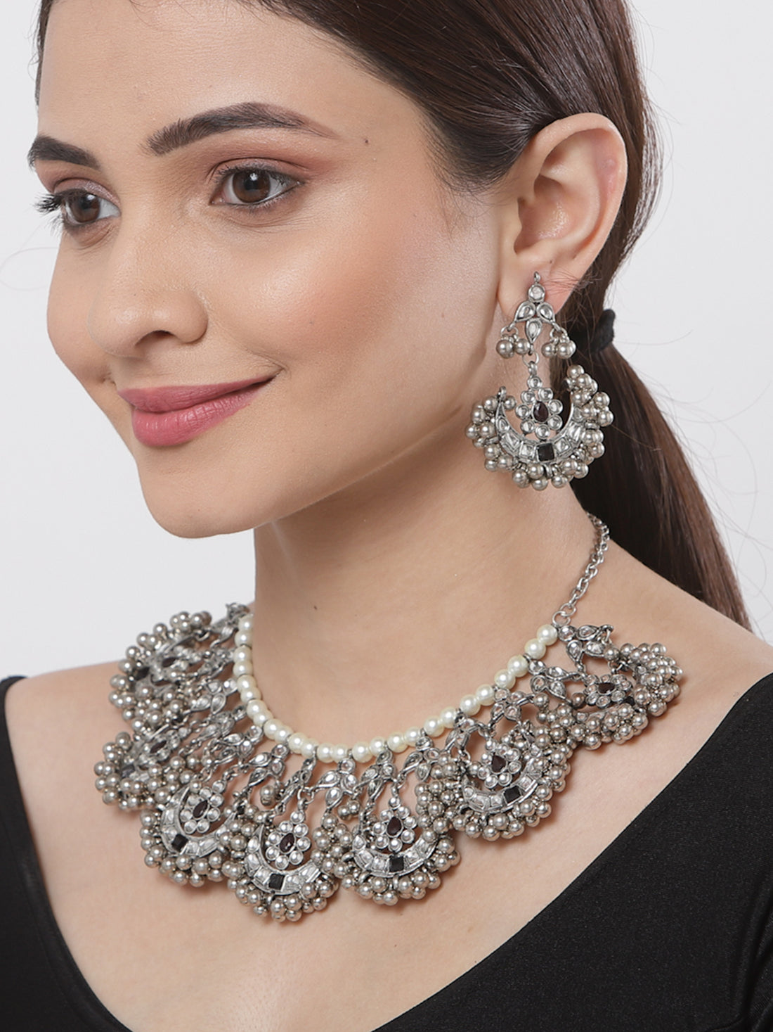 Oxidised Silver Black Kundan Studded Necklace Set