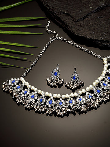 Oxidised Silver Blue Kundan Studded Handcrafted Necklace Set