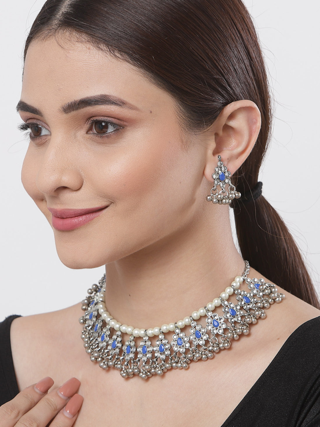 Oxidised Silver Blue Kundan Studded Handcrafted Necklace Set