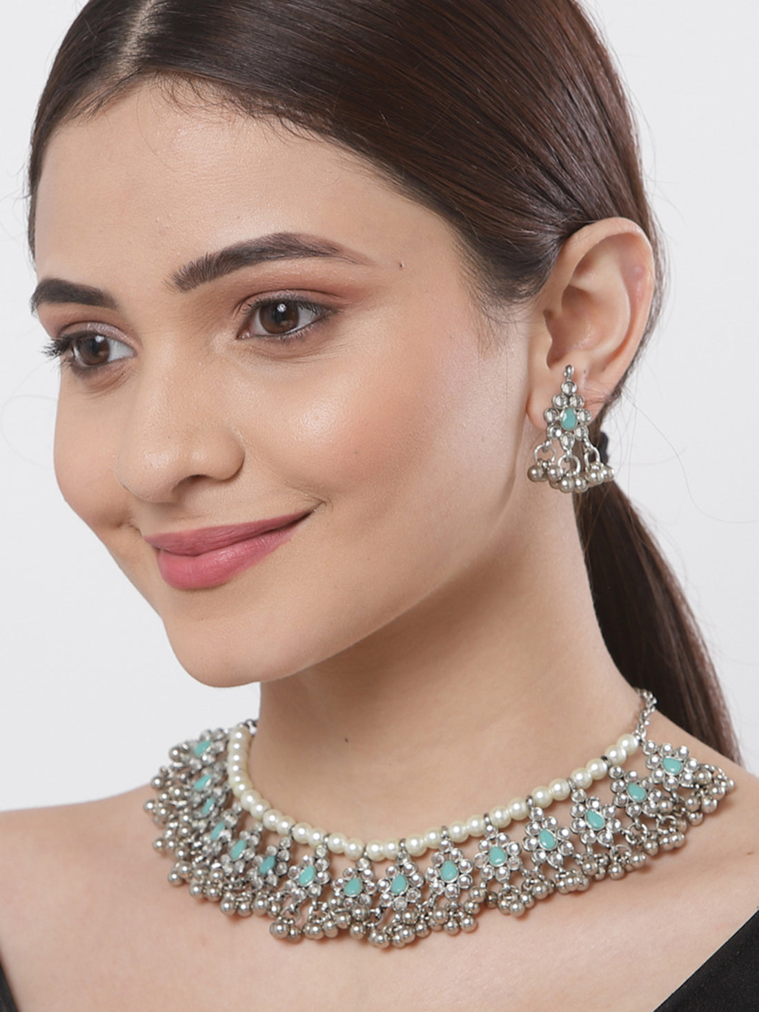 Oxidised Silver Light Blue Kundan Studded Handcrafted Necklace Set